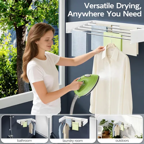 Miniatura 4 de Vikaqi Estante de secado de ropa plegable montado en la pared, 32 pulgadas de ancho, 5 varillas de acero inoxidable, estante de secado de lavandería