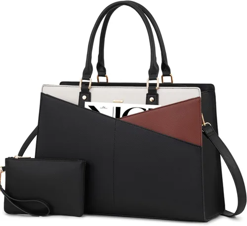 Miniatura 26 de LOVEVOOK Bolsa de mano para computadora portátil para mujer, bolsas de trabajo de cuero de 15.6 pulgadas con soporte grande para tazas para Negro