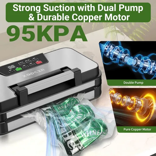 Miniatura 2 de Máquina selladora al vacío de 95 kPa, potente sistema de sellado de alimentos 10 en 1 de doble bomba con doble sellado térmico, cortador integrado