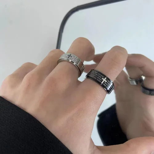 Miniatura 5 de Anillo inspirador de versículos de la Biblia giratorio, cruz y crucifijo de fe, anillo grueso para hombres y niños, de acero inoxidable