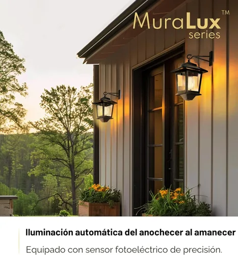 Miniatura 3 de PASAMIC Paquete de 2 faroles solares de pared, luces colgantes para exteriores con 4 paneles solares, aplique de pared LED del atardecer al Negro