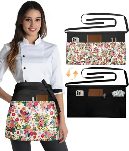 Miniatura 15 de Slohif Delantal Reversible de Servidor con 6 Bolsillos - Delantal de Cintura para Camarera Mujeres Delantal Corto de Media Porción Camarero
