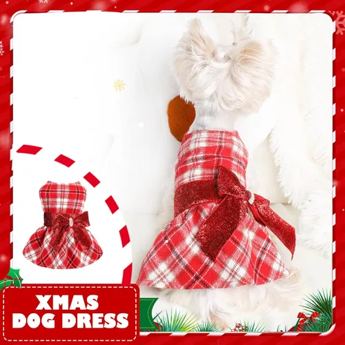 Miniatura 4 de Yikeyo Vestido suéter para perro, vestidos para perros pequeños, con forro polar, vestido de invierno cálido, lentejuelas, nudo de lazo, ropa a