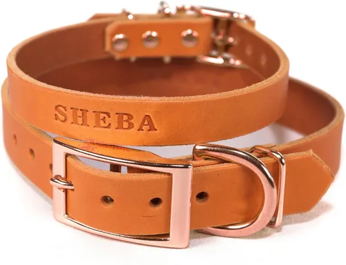 Miniatura 7 de Collar de cuero personalizado hecho a mano para perro con bridón grabado con el nombre de la mascota, herrajes en tono cobre/oro rosa (negro)