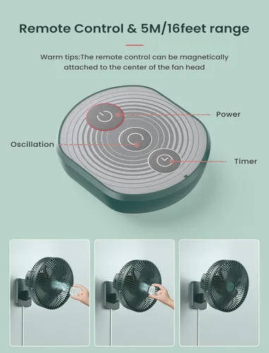 Miniatura 5 de Comoistar Ventilador pequeño oscilante de 10 pulgadas para montaje en pared con control remoto y temporizador, 4 velocidades, adaptador incluido