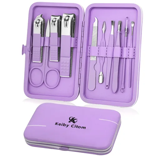 Juego de manicura, mini cortaúñas de viaje, herramientas de cuidado de pedicura, 10 piezas de acero inoxidable (violeta)
