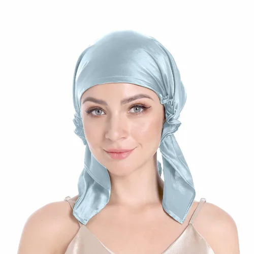 Miniatura 4 de SissiLita Gorro de seda 100% para dormir, gorro de seda grande con banda de amarre para el cuidado del cabello rizado (azul)