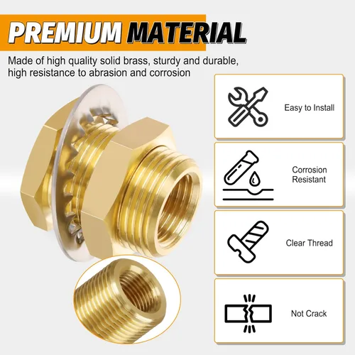 Miniatura 3 de KOOTNAS Paquete de 2 Accesorios de Mamparo de Latón Macizo, 1/2 NPT Cónico Hembra 1" Rosca Macho Recta Conector de Latón con Anillo Ondulado