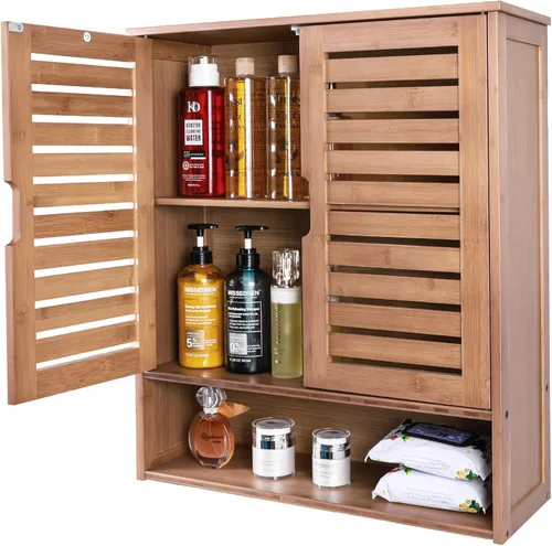 Miniatura 9 de Armario de almacenamiento de bambú montado en la pared con puerta, organizador de pared de baño con estantes, gabinete de almacenamiento colgante