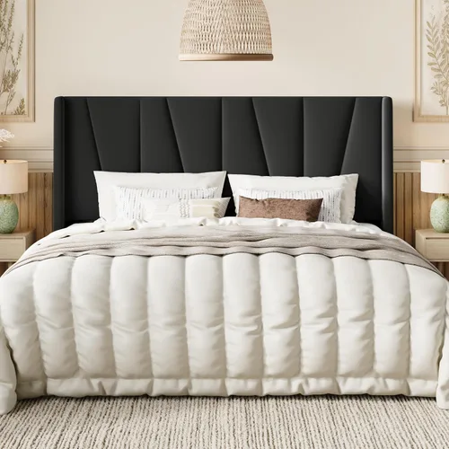 Miniatura 18 de SHA CERLIN Base de cama tamaño King con cabecera geométrica con respaldo de ala, cama de plataforma tapizada con espacio debajo de la cama de 8 Beige