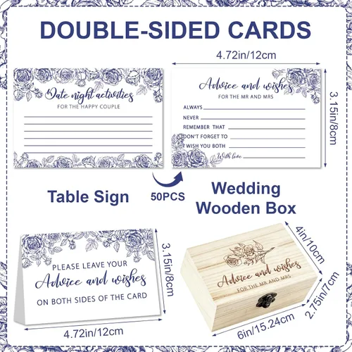 Miniatura 2 de Consejos y deseos para el señor y la señora 50 tarjetas de consejos de boda florales azules, tarjetas de consejos y deseos para decoraciones