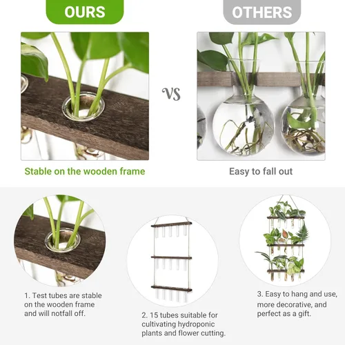 Miniatura 4 de Mkono Tubos de propagación de plantas, terrario colgante de pared de 3 niveles con soporte de madera, mini tubo de ensayo, florero de flores, Marrón
