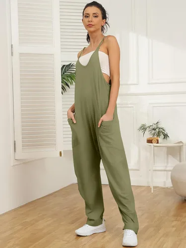 Miniatura 2 de AUTOMET Overol casual de verano para mujer, sin mangas, holgado, tirantes delgados, overoles holgados con bolsillos 2023