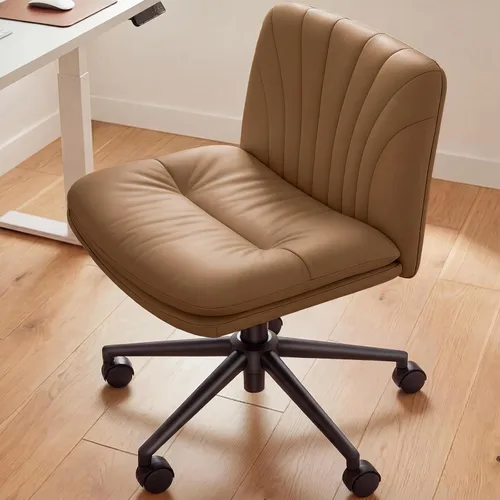 Marsail Silla de escritorio de oficina sin brazos con ruedas: Silla amplia de cuero PU con patas cruzadas, sillas cómodas ajustables y giratorias