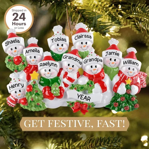 Miniatura 2 de Adorno personalizado para familia de 10 personas 2025 Personalización gratuita en 24 horas Adornos navideños de muñeco de nieve grabados
