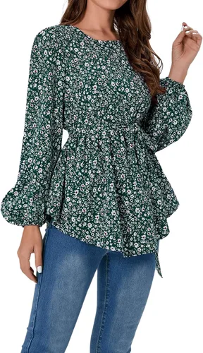 Miniatura 5 de MakeMeChic Camisa de maternidad floral de manga larga con cinturón para embarazo, blusa peplum