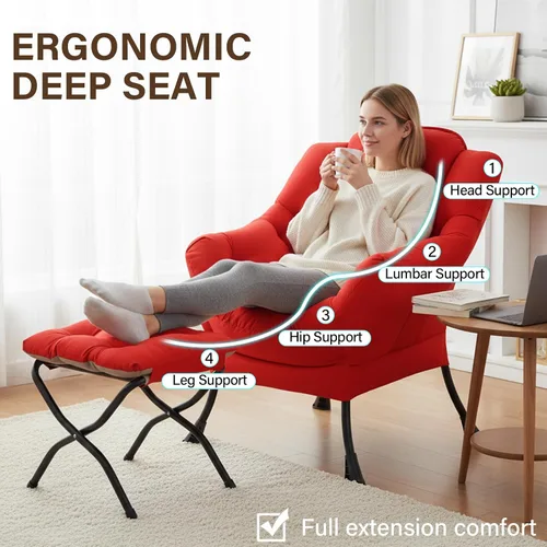 Miniatura 5 de Welnow - Silla perezosa con otomana, moderna silla de descanso con reposabrazos y bolsillo lateral, juego de sillón tapizado de ocio, sillón de Rojo