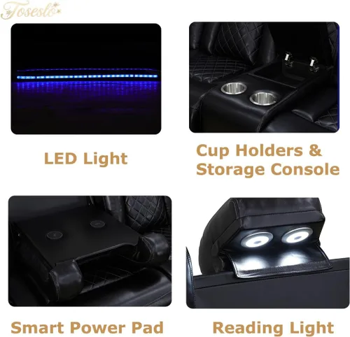 Miniatura 5 de Juegos de muebles de sala de Toseslo, juego de sofá reclinable eléctrico, seccional de 2 reclinables de cuero negro con luz LED, juegos modernos