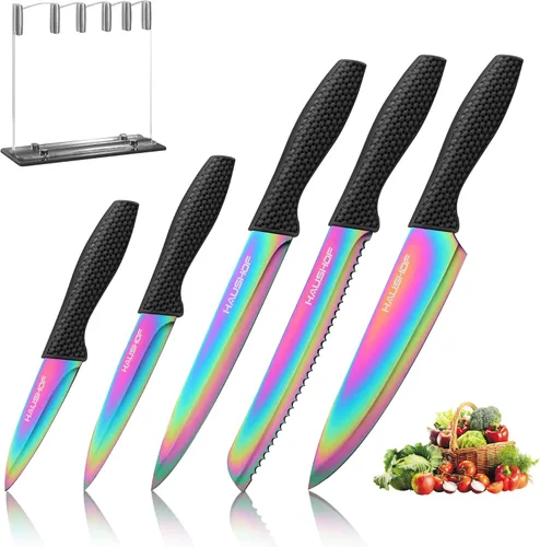 HAUSHOF Juego de Cuchillos de Cocina, Juego de 5 Cuchillos Arcoíris con Bloque Acrílico, Juego de Cuchillos Negros con Revestimiento de Titanio para