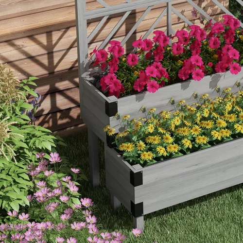 Miniatura 8 de Outsunny Cama de jardín elevada de 2 niveles con enrejado, maceta elevada de madera con agujeros de drenaje, forros, esquinas de metal, maceta Gris