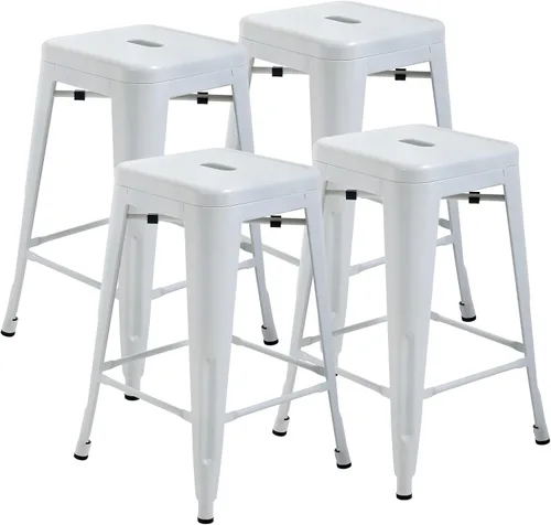 Miniatura 9 de Juego de 4 taburetes de bar de metal, apilables, altura de mostrador, 24 pulgadas, para interiores y exteriores, taburete de bar sin espalda, Naranja