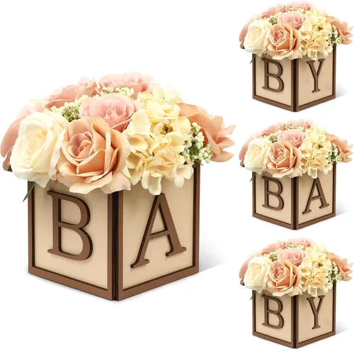 Miniatura 10 de Juego de 4 centros de mesa de baby shower para mesas, cajas de madera de 6 pulgadas con letras de bebé, cubos rústicos, bloques de madera para Rosa