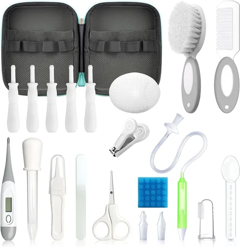 Miniatura 12 de Kit de cuidado de la salud y aseo del bebé, kit portátil 21 en 1 para bebés esenciales con cepillo de alivio de gas, peine aspirador nasal