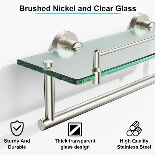 Miniatura 5 de Estante de baño flotante de vidrio templado con toallero, níquel cepillado y acero inoxidable, montaje en pared de 16 pulgadas