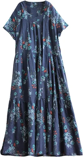 na Vestido de talla grande 2 algodón y lino estampado elegante manga corta suelto sobre la rodilla vestido midi para mujer (Color A, Talla única)