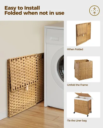 Miniatura 80 de GREENSTELL Cesta para ropa sucia con ruedas y tapa, 130 L, cesta grande de 3 secciones con 2 tipos de bolsas de forro extraíbles, 5 bolsas de malla