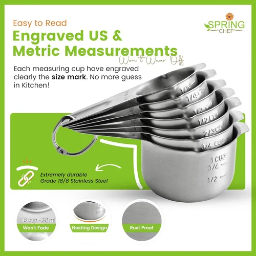 Miniatura 4 de Spring Chef Juego de 7 tazas medidoras de acero inoxidable con boquilla de vertido, herramientas de cocina anidables con marcas de fácil lectura
