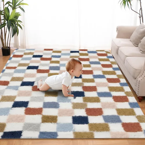 Miniatura 16 de Alfombra de área súper suave en blanco y negro, de 5 x 7 pies, alfombra clásica a cuadros de pelo alto mullida para dormitorio, sala de estar, Negro