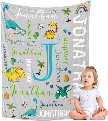 Miniatura 31 de YESCUSTOM Manta de dinosaurio para niños y niñas, manta personalizada de vellón con nombre para decoración de dormitorio de niños, sofá, coches