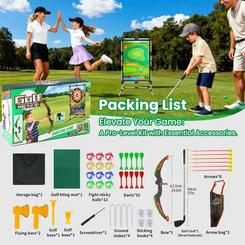 Miniatura 7 de Juego de astillado de golf, 5 en 1, portátil, juego de golf de doble cara con soporte, con bolas adhesivas, tiro con arco, hacha y dardo, juguetes