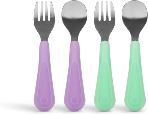 Miniatura 21 de Ubbi Juego de tenedores y cucharas de acero inoxidable para niños pequeños, 4 unidades, asas de silicona de fácil agarre, utensilios
