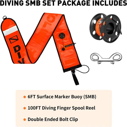Miniatura 7 de Boya de marcador de superficie de buceo de 5 pies/6 pies (SMB), salchicha de seguridad de tubo de señal con carrete de aluminio de 100 pies y clip