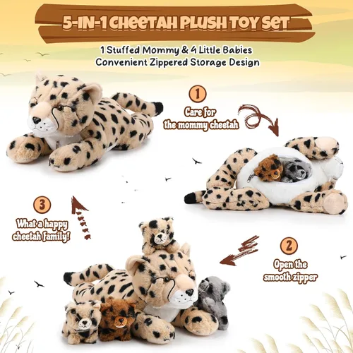 Miniatura 3 de Silipull Juego de 5 piezas de animales de peluche de guepardo grande con 4 cachorros suaves en su barriga para niños y niñas, regalos de cumpleaños
