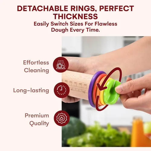 Miniatura 4 de Kitchtic Rodillo con anillos de grosor – Rodillo de madera ajustable – Herramienta esencial para hornear y rodillo – Grosor consistente – Fácil
