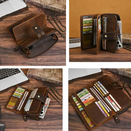Miniatura 28 de Genuino Caballo Loco Cuero Regalo de Viaje Moneda Bolsillo Tarjetero Organizador Largo Cadena Rfid Cartera Monedero Con Broche Para Hombres Hombres