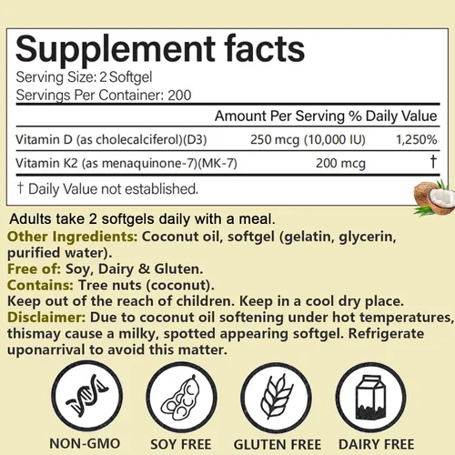Vitamina D3 K2 10000 UI, 200 cápsulas blandas de aceite de coco virgen, suplemento de vitaminas 2 en 1 D y K (incluye MK7), fácil de tragar, apoya