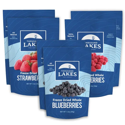 Thousand Lakes Paquete de 3 paquetes de 2 bayas liofilizadas (6 bolsas en total) | 100% frambuesas enteras, arándanos enteros y fresas en rodajas
