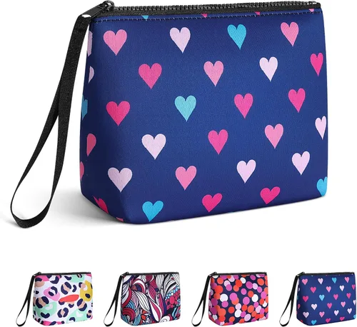 Bolsa de maquillaje grande con cremallera, bolsa de cosméticos portátil para bolso, bolsa de viaje de neopreno lavable para mujer, Colorful Hearts,