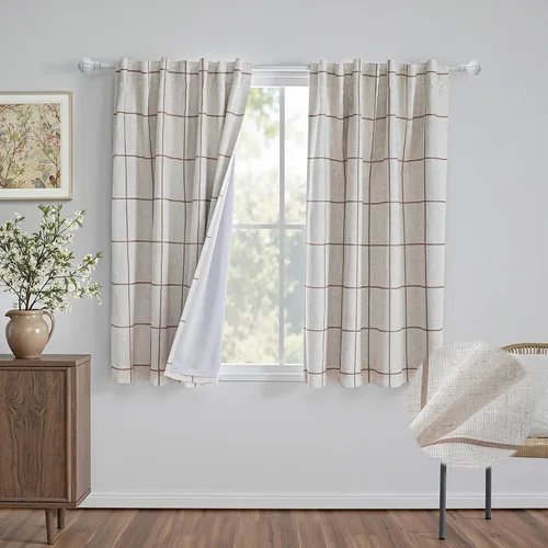 Miniatura 13 de MYSKY HOME Cortinas de Lino a Cuadros 100% Opacas de 45 Pulgadas de Largo de Doble Capa Estilo Granja con Aislamiento Térmico Estampado a Cuadros