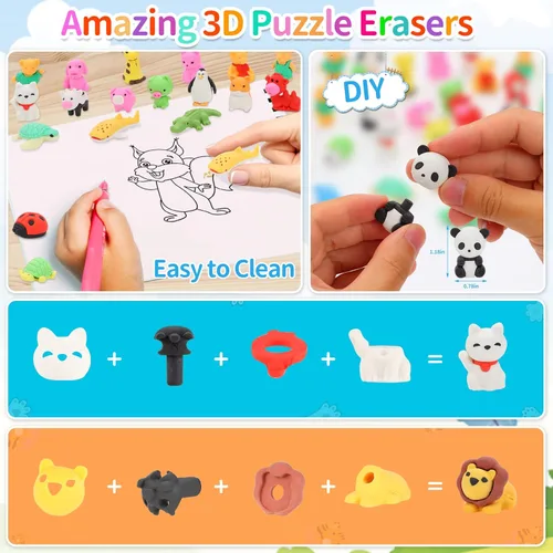 Miniatura 2 de LanMa 98 borradores de animales – mascotas de escritorio y premios de aula; rompecabezas, animales desmontables para recompensas de estudiantes