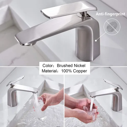 Miniatura 3 de TOCALOCA Grifo de baño de 1 mango, grifo de fregadero de níquel cepillado, grifo de fregadero de baño de un agujero, grifo mezclador de lavabo