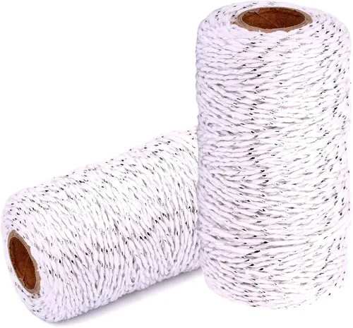 Miniatura 12 de Cuerda de algodón para panaderos: 2 rollos de cordel para envolver regalos de manualidades, hilo de oro de 656 pies, hilo blanco para cocina 24