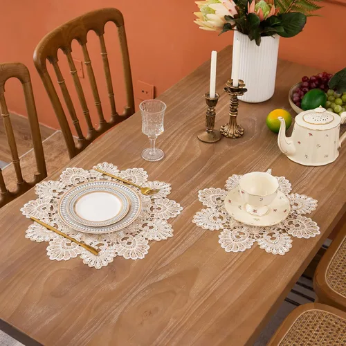 Miniatura 6 de Manteles europeos de encaje jacquard antiguo, pequeño, de lino bordado de granja, bufanda, mantel rústico (forma de flor, diámetro de 15.7 pulgadas)