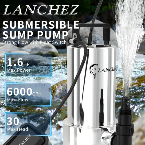 Miniatura 2 de LANCHEZ Bomba de sumidero de 1.6 HP 6000 GPH, bomba de agua sumergible de alto flujo de acero inoxidable con interruptor de flotador, bomba de agua