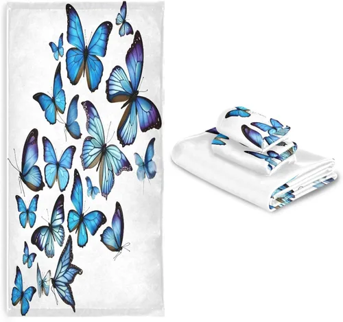 Miniatura 7 de ALAZA Juego de 3 toallas de baño con diseño de mariposas azules, 1 toalla de baño, 1 toalla de mano, 1 toallita suave, multiusos, para baño, hotel