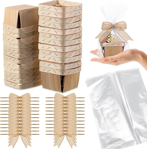 Kigley Juego de 24 cestas de regalo de Navidad de madera, cesta de regalo pequeña vacía con bolsas de celofán, lazos, cesta para Acción de Gracias,